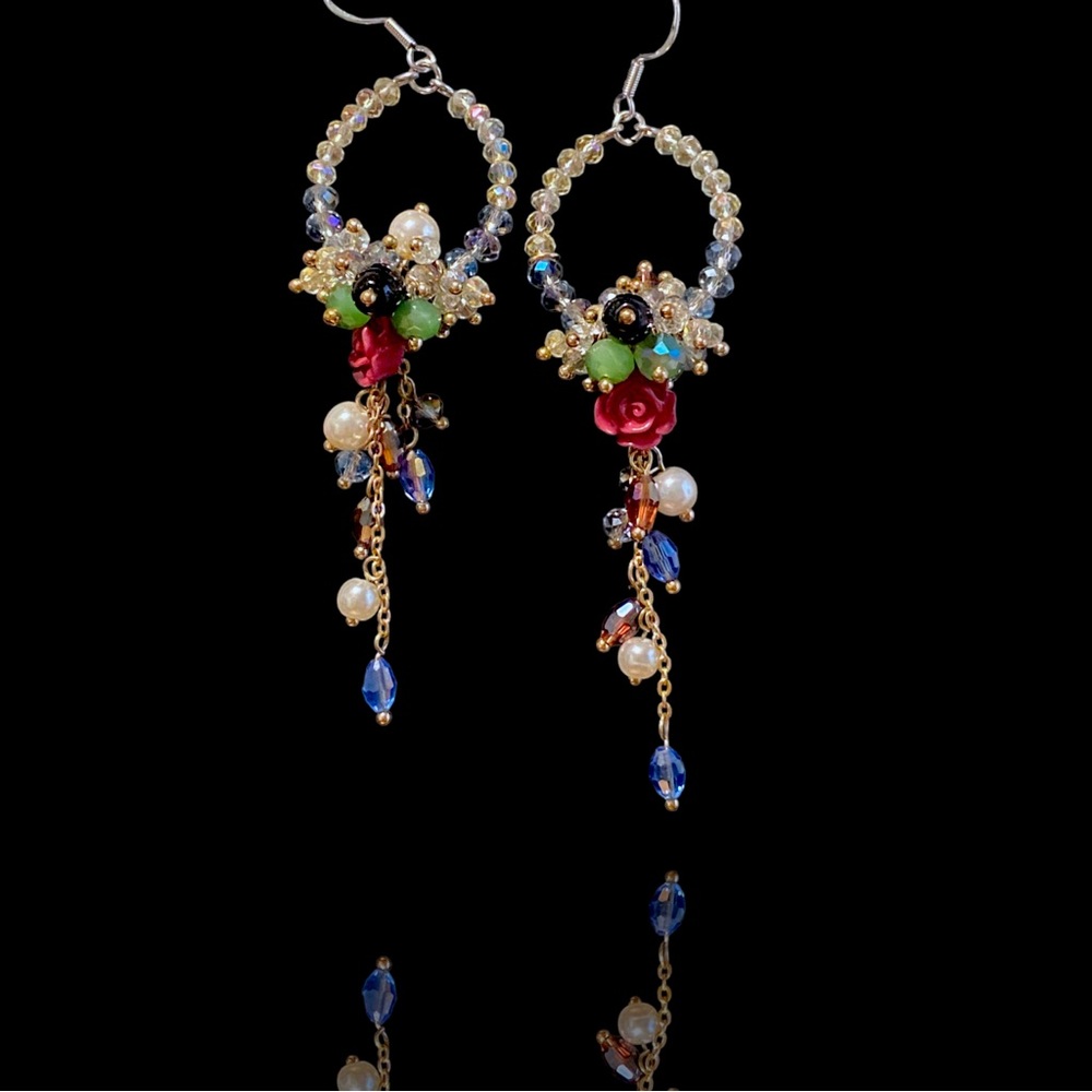 Handmade Bohemian Floral Wedding Earrings - Beaded Chandelier Dangles - Picture 3 of 15